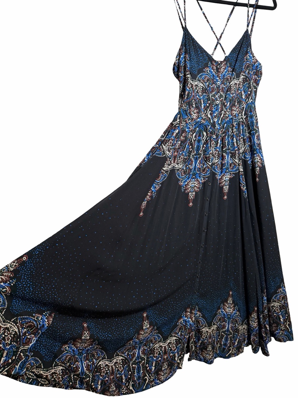 Free People Maxi Dress Blue Boho Paisley Criss Cross Back Large - Picture 5 of 12